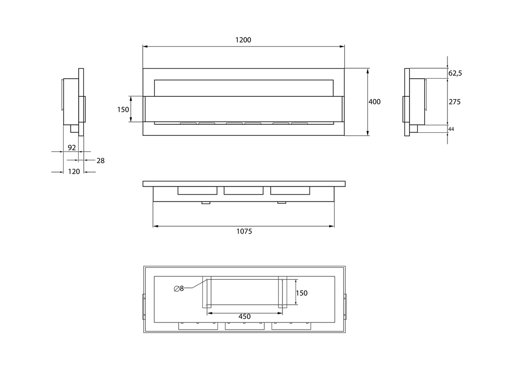 Dimension drawing for the 1200 × 400 bioethanol fireplace, showing a body width of 1200 mm, depth of 120 mm and height of 400 mm