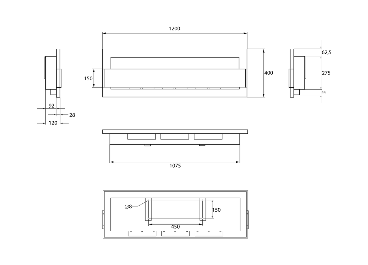 Dimension drawing for the 1200 × 400 bioethanol fireplace, showing a body width of 1200 mm, depth of 120 mm and height of 400 mm