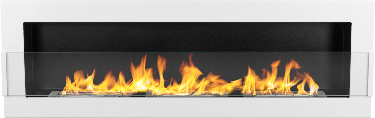 Front view of the white gloss 1200 × 400 bioethanol fireplace with flames behind its glass panel