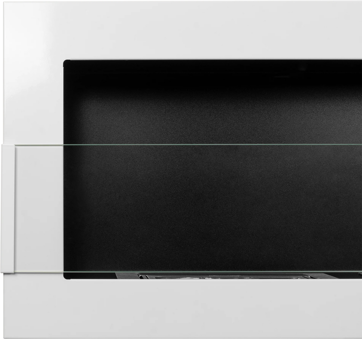 Close-up of the glass panel and its side bracket against the white gloss frame and dark firebox