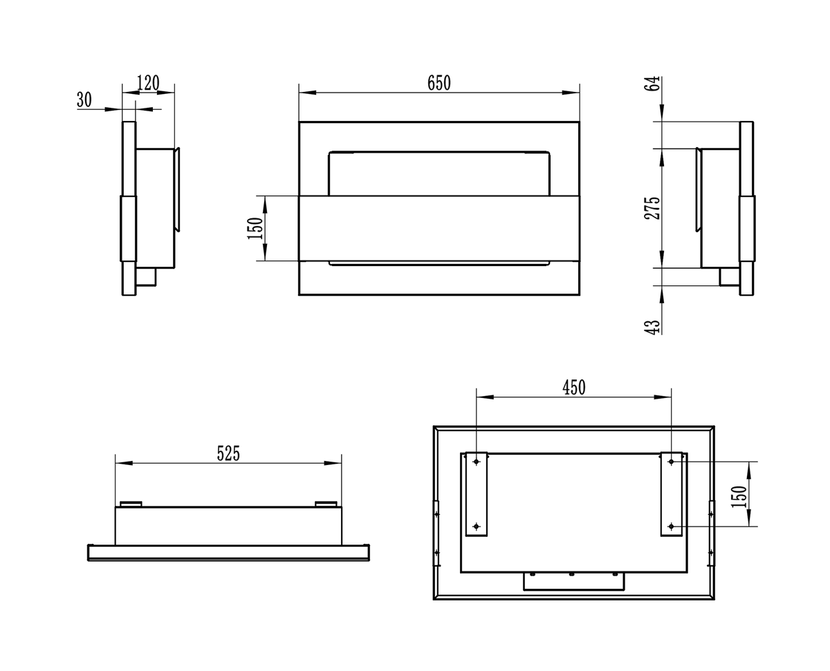 Technical drawing of the 650 × 400 Inox bioethanol fireplace, showing front, side, top and rear views with dimensions and fixing positions.