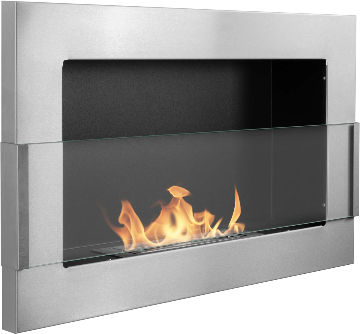 Angled view of the lit 650 × 400 Inox fireplace with a silver-toned frame and glass front