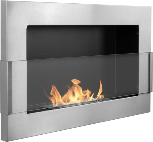 Angled view of the lit 650 × 400 Inox fireplace with a silver-toned frame and glass front