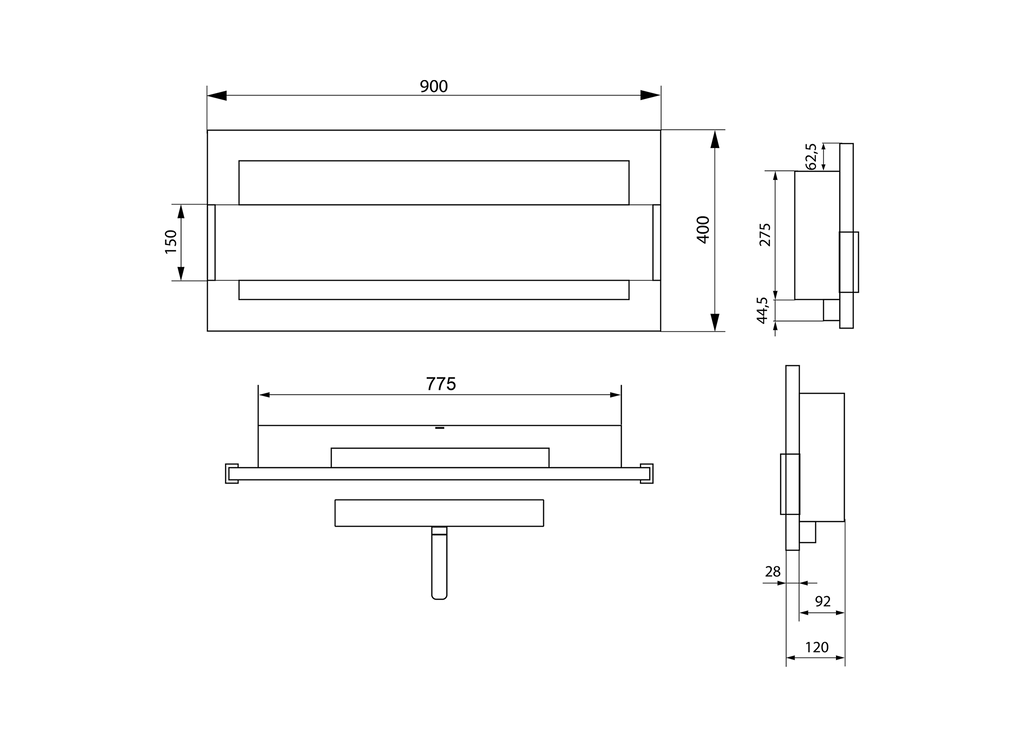 Technical drawing of the 900 × 400 wall-mounted bioethanol fireplace, showing front and side views with a 900 mm width, 400 mm height and 120 mm body depth.