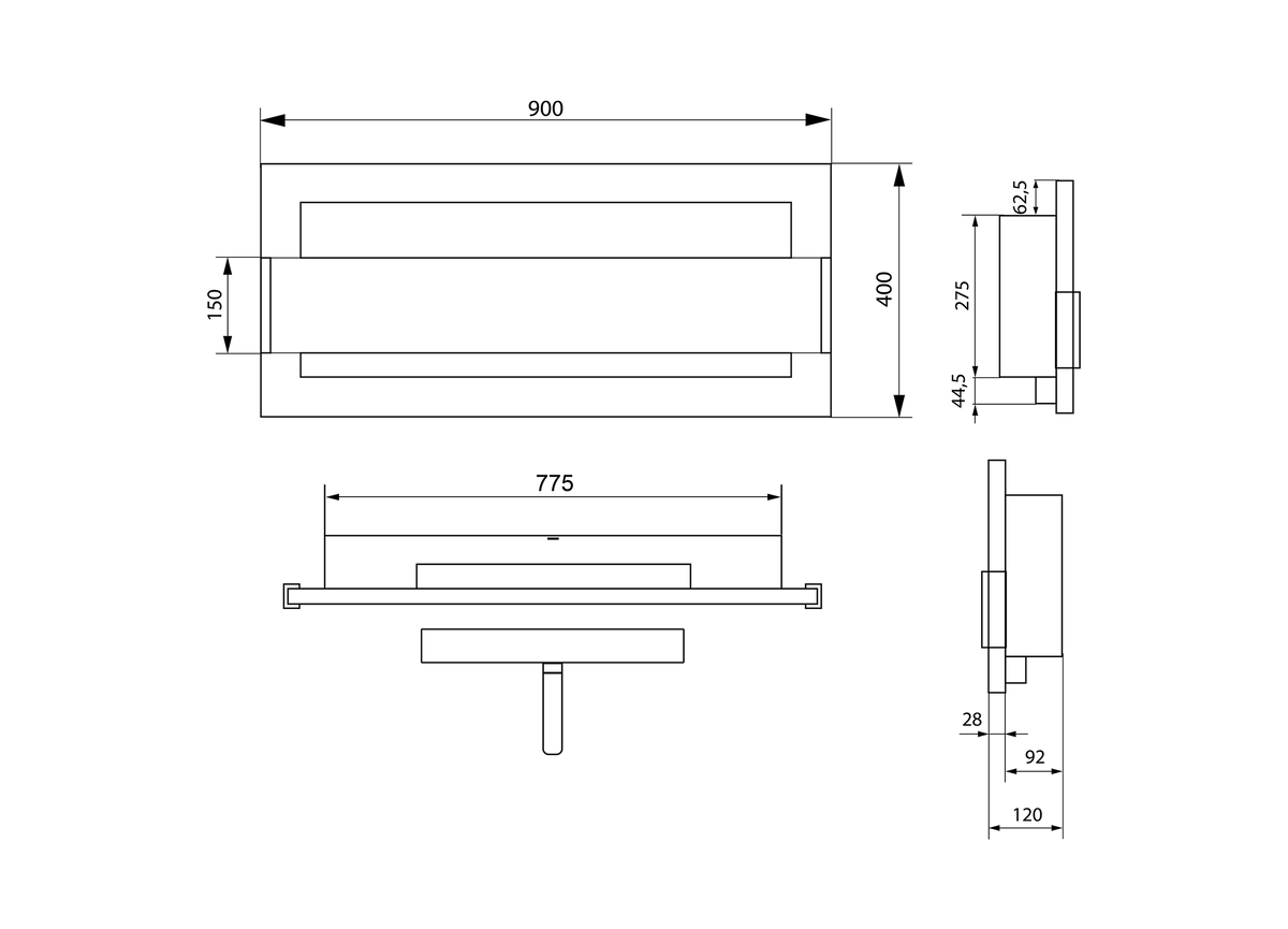 Technical drawing of the 900 × 400 wall-mounted bioethanol fireplace, showing front and side views with a 900 mm width, 400 mm height and 120 mm body depth.