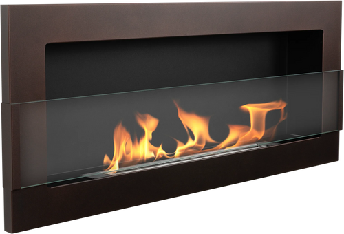 Angled view of the brown 900 × 400 bioethanol fireplace with flames behind the external glass panel.