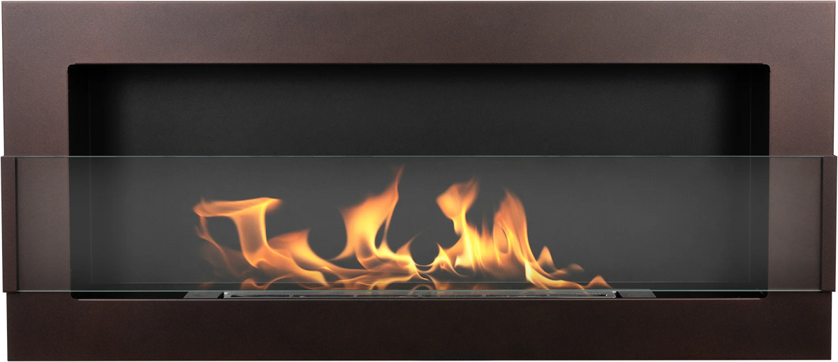 Front view of the lit brown 900 × 400 bioethanol fireplace, showing its broad frame and glass panel.