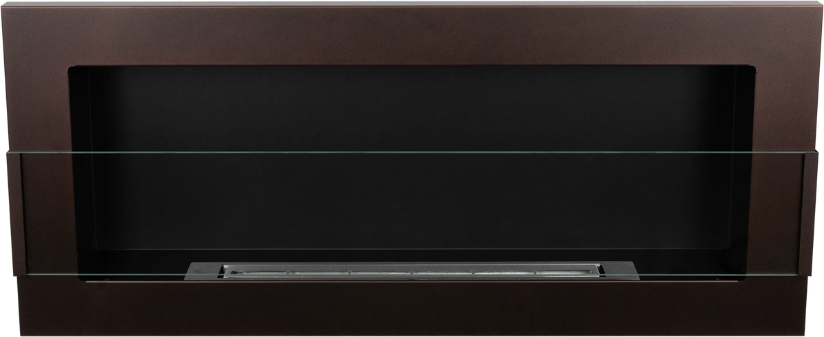 Front view of the brown 900 × 400 bioethanol fireplace, showing its broad frame and glass panel.