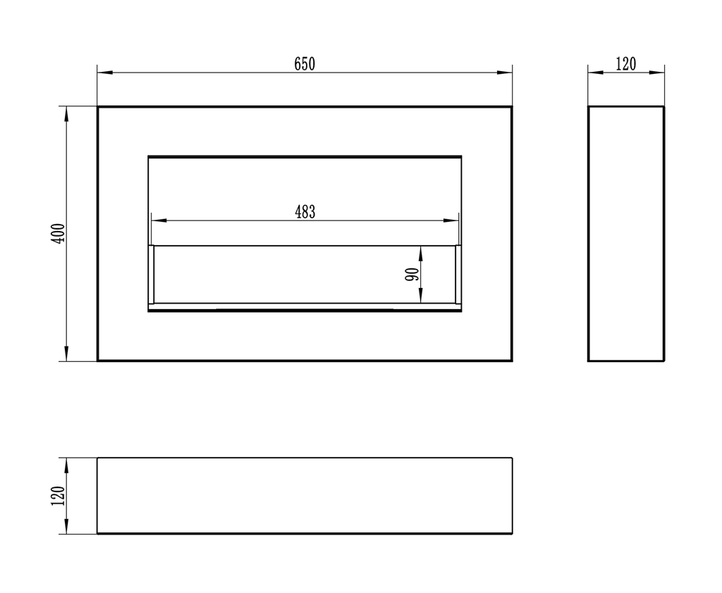 fireplace dimension drawing showing a width of 65 cm, depth of 12 cm and height of 40 cm.