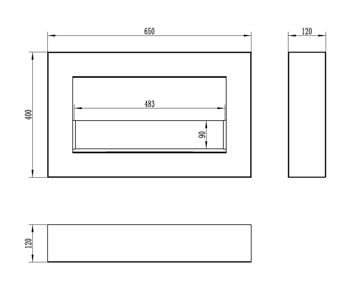 fireplace dimension drawing showing a width of 65 cm, depth of 12 cm and height of 40 cm.