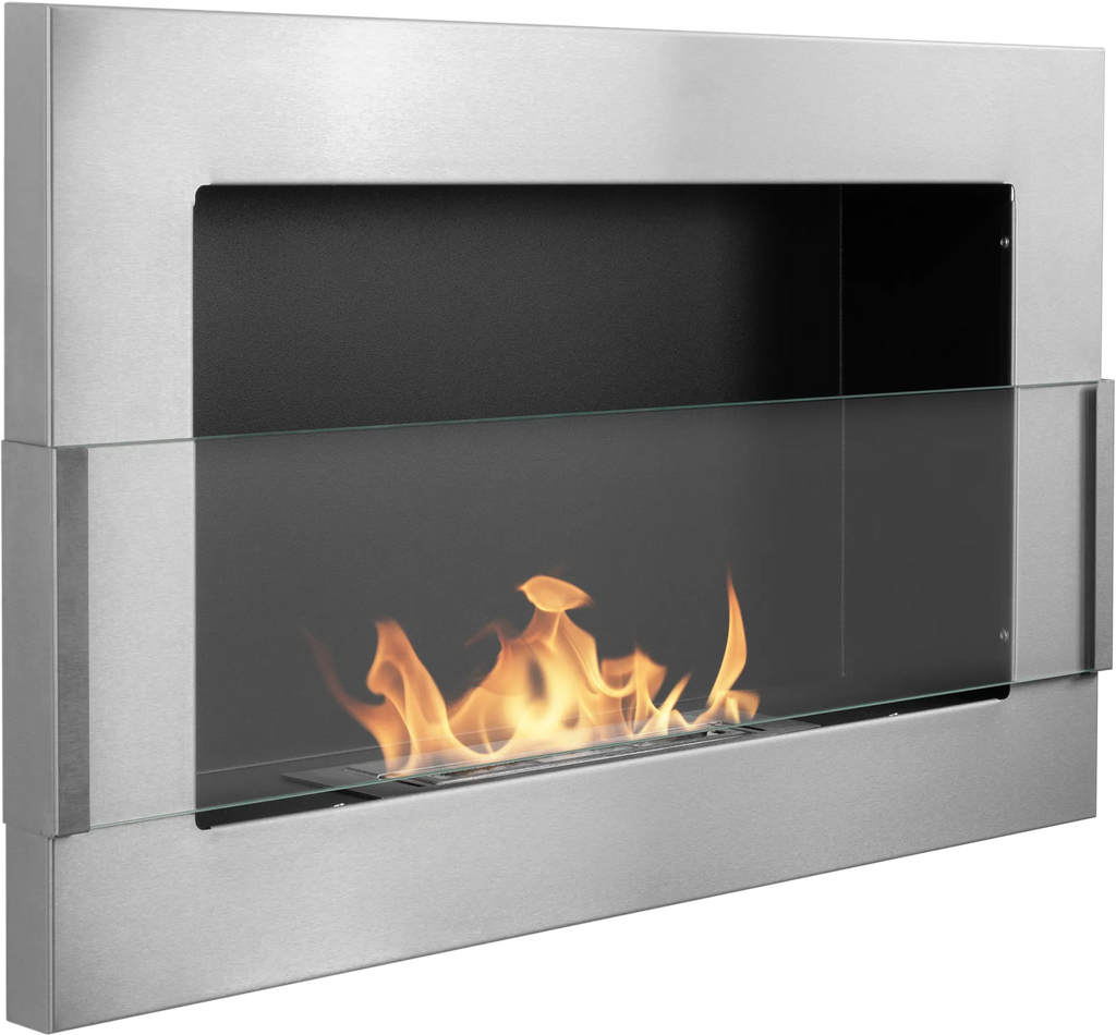 Modern inox biofireplace with visible flames inside