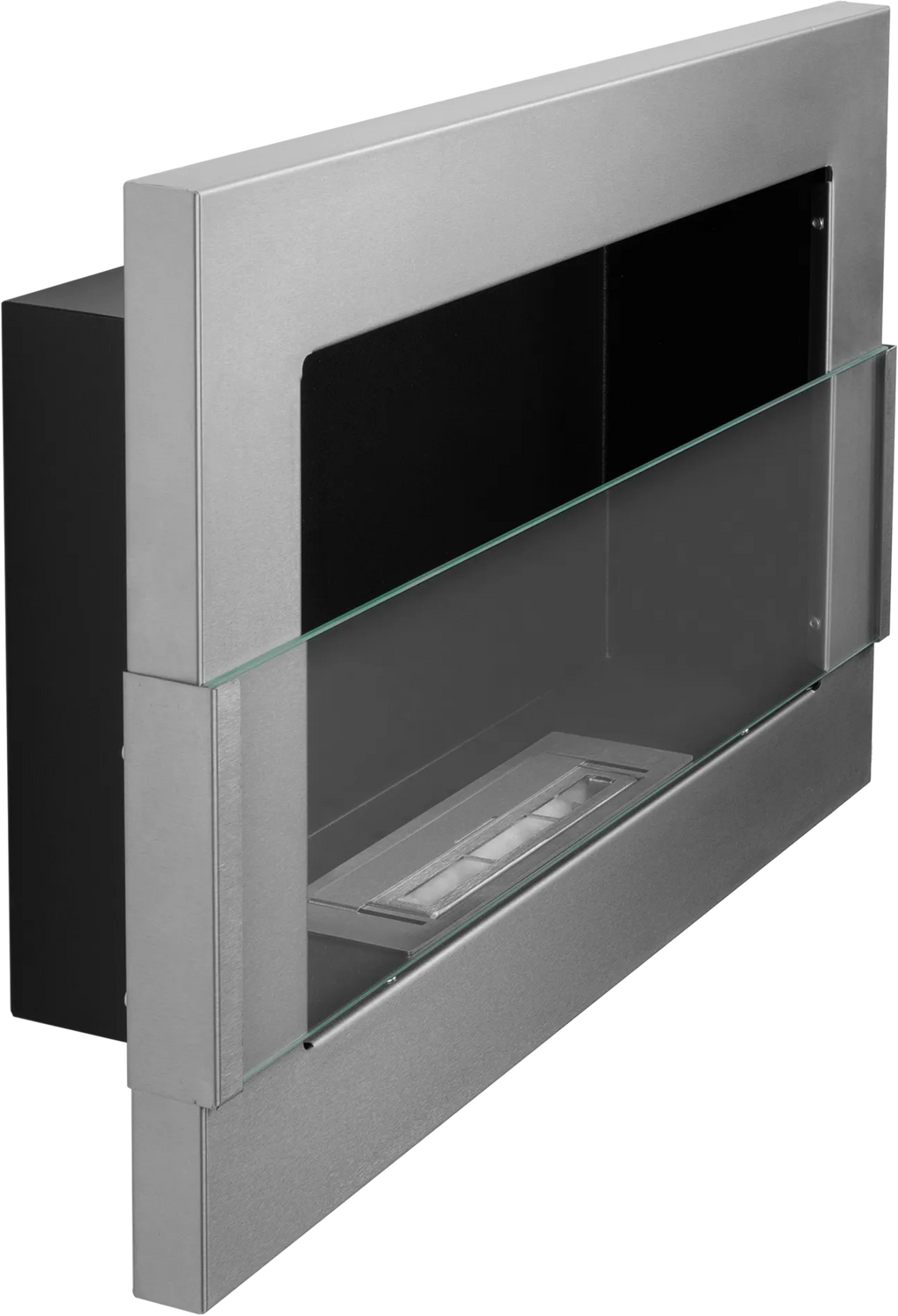 Modern inox biofireplace insert with glass on a white background