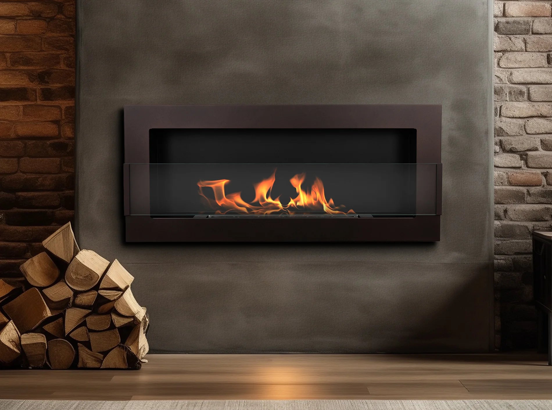 Biofireplace hanging with glass 900x400 brown