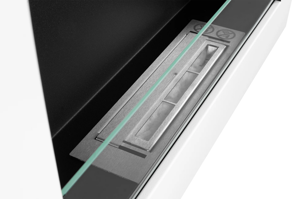 Close-up of a modern biofireplace with a matt white finish