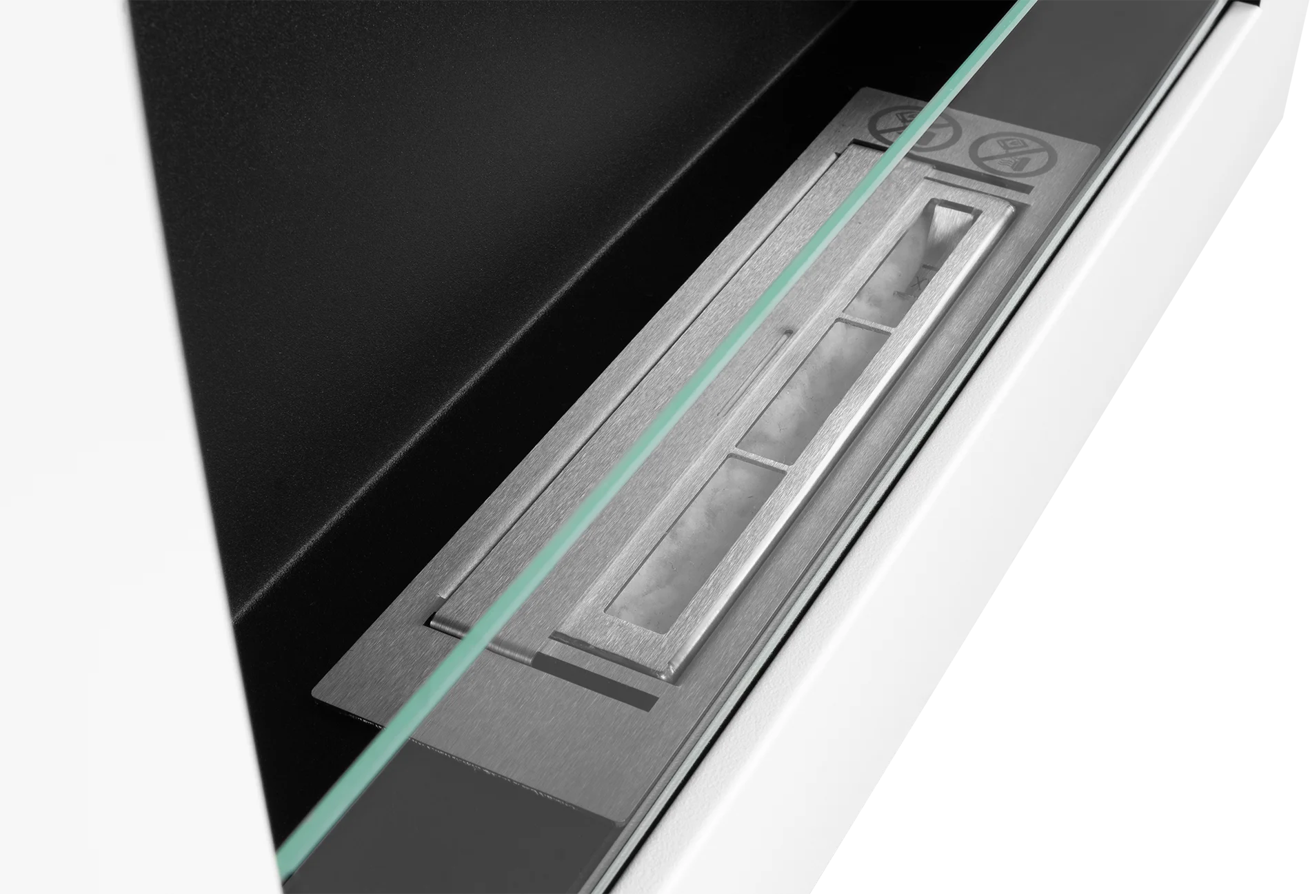 Close-up of a modern biofireplace with a matt white finish