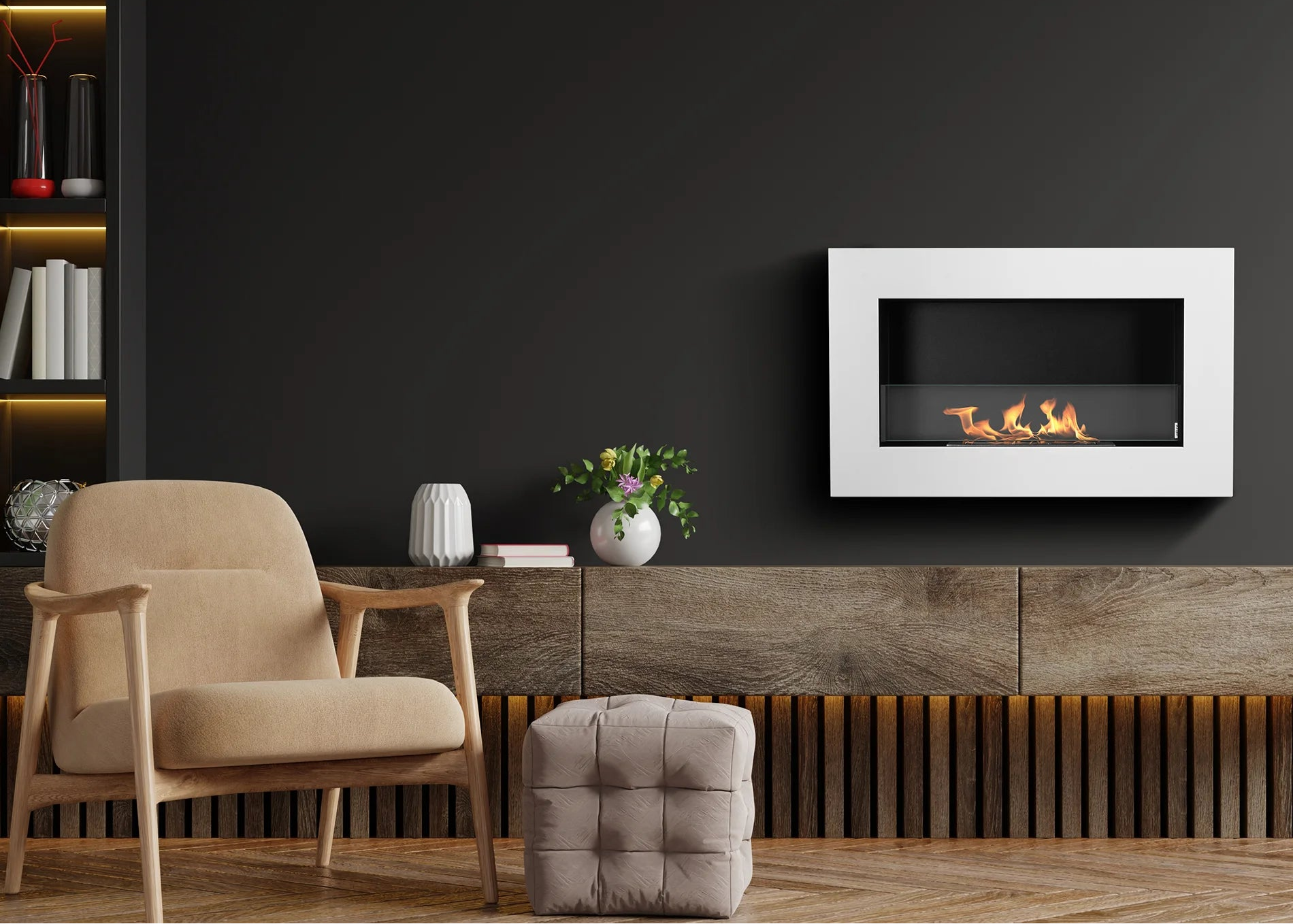 Modern living room with beige armchair, ottoman, and biofireplace against a dark wall.