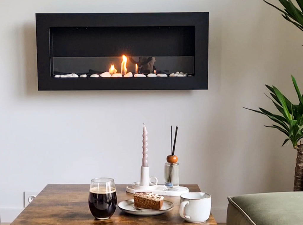 Biofireplace hanging with glass 900x400 Slim black structural matte