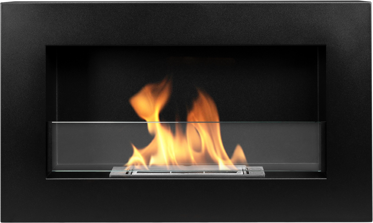 Front view of the black BOX 650 × 400 bioethanol fireplace with flames behind the glass panel.