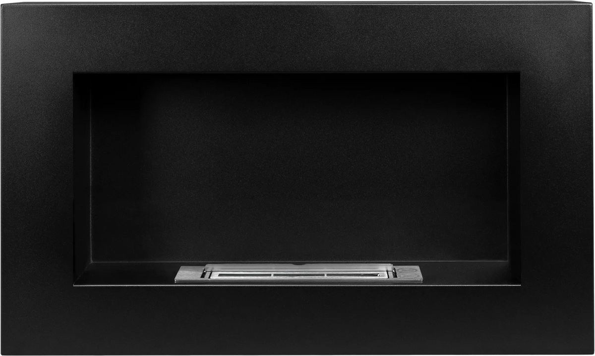 Front view of the unlit black BOX 650 × 400 fireplace with the stainless steel burner visible.