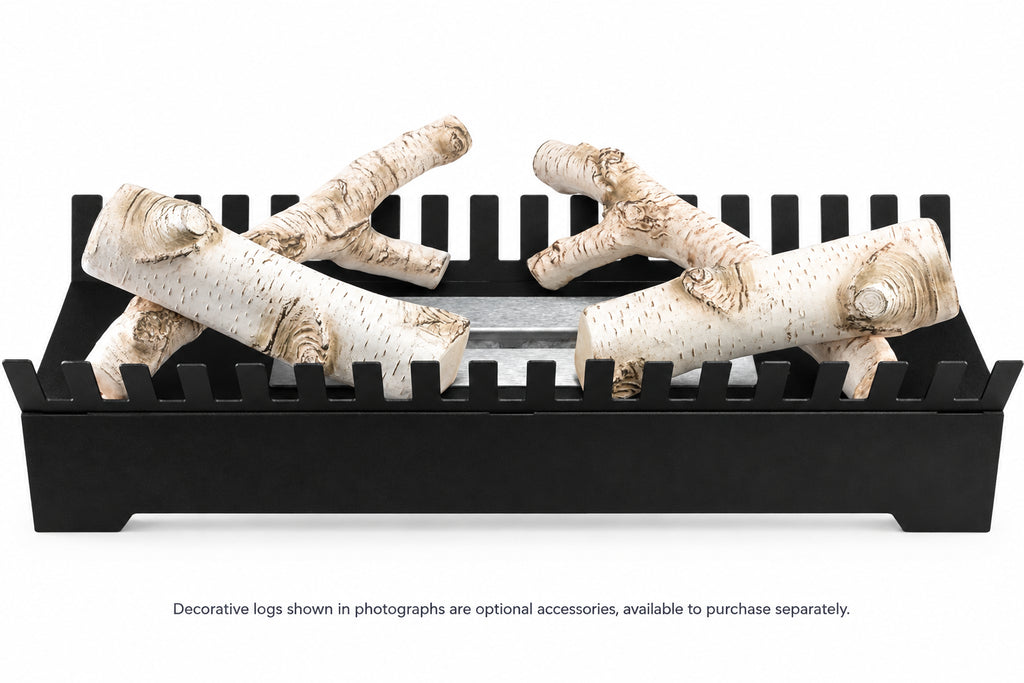 FENIKS black bioethanol fireplace insert shown from the front with decorative logs