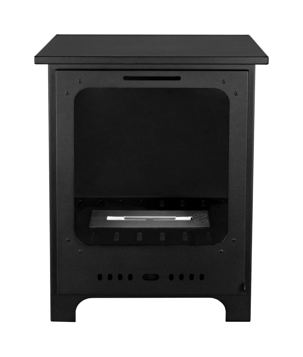 Front view of the unlit KOZA matt black bioethanol stove with the burner visible through the closed glass front