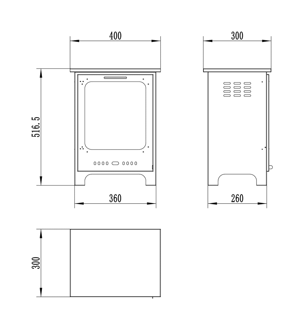 KOZA bioethanol stove dimension drawing showing front, side and top views with measurements in millimetres