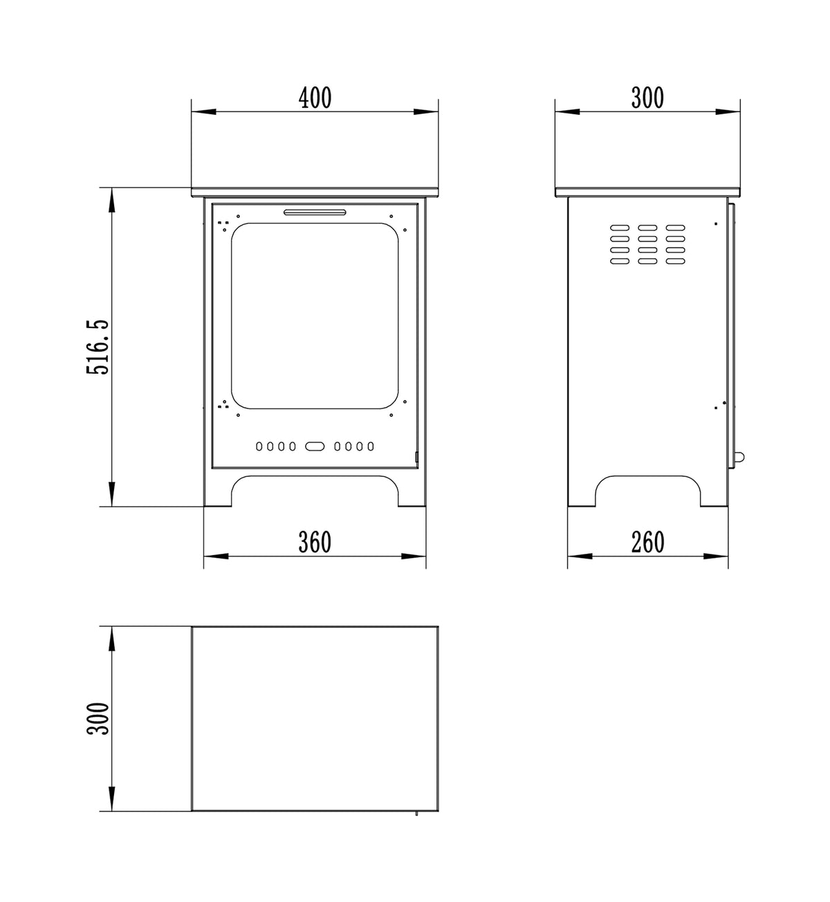 KOZA bioethanol stove dimension drawing showing front, side and top views with measurements in millimetres