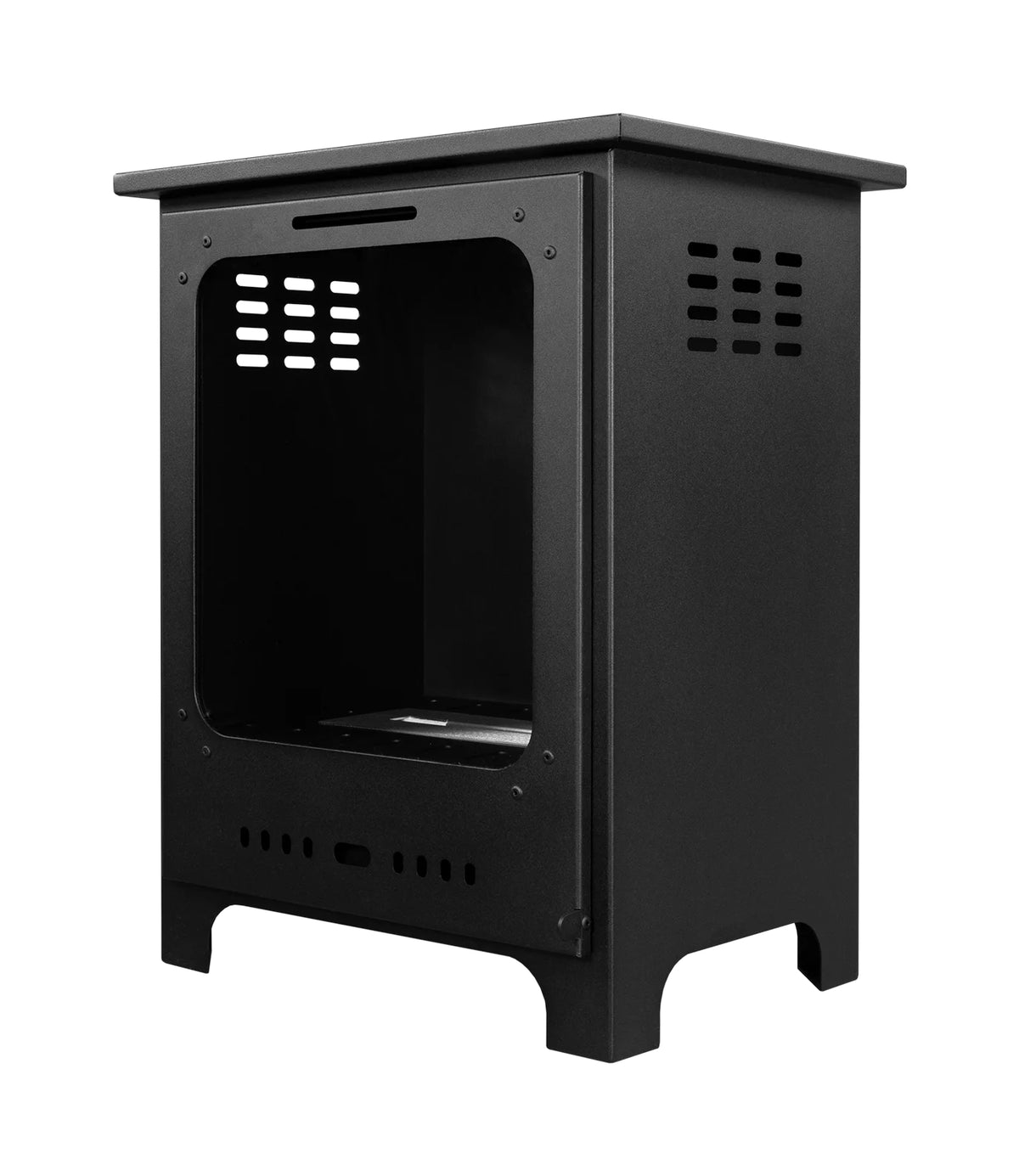 Angled view of the KOZA matt black bioethanol stove showing the glass front and side panels