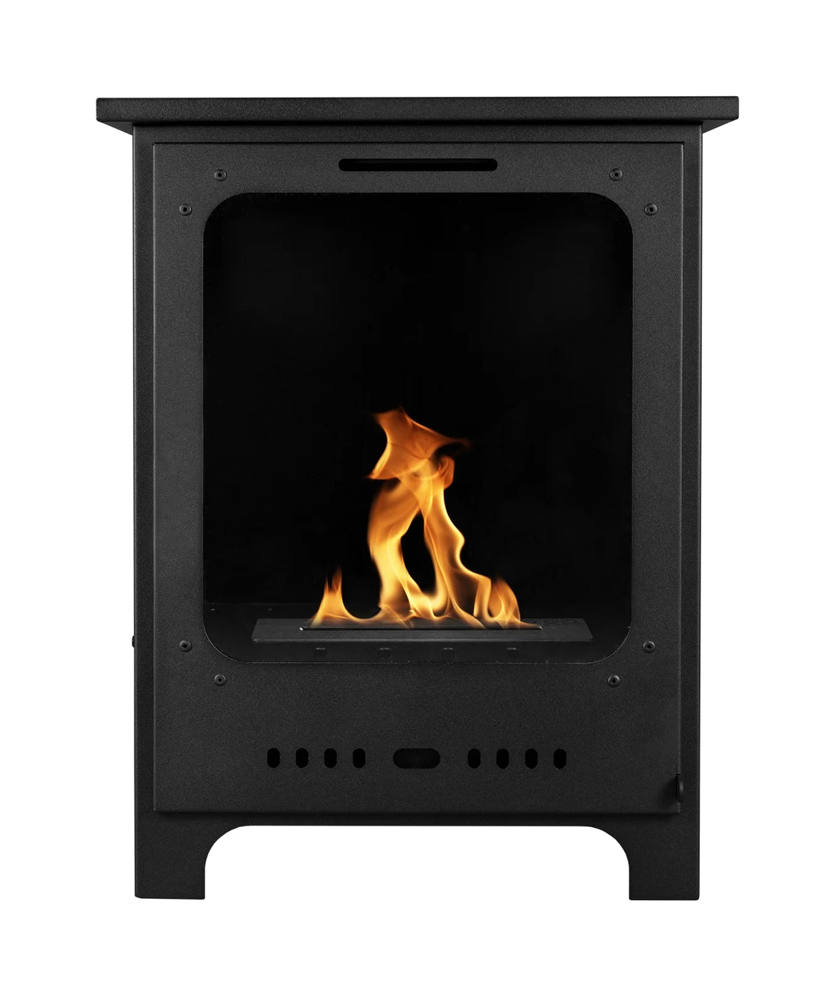 Front view of the KOZA matt black bioethanol stove with a flame visible through the glass front