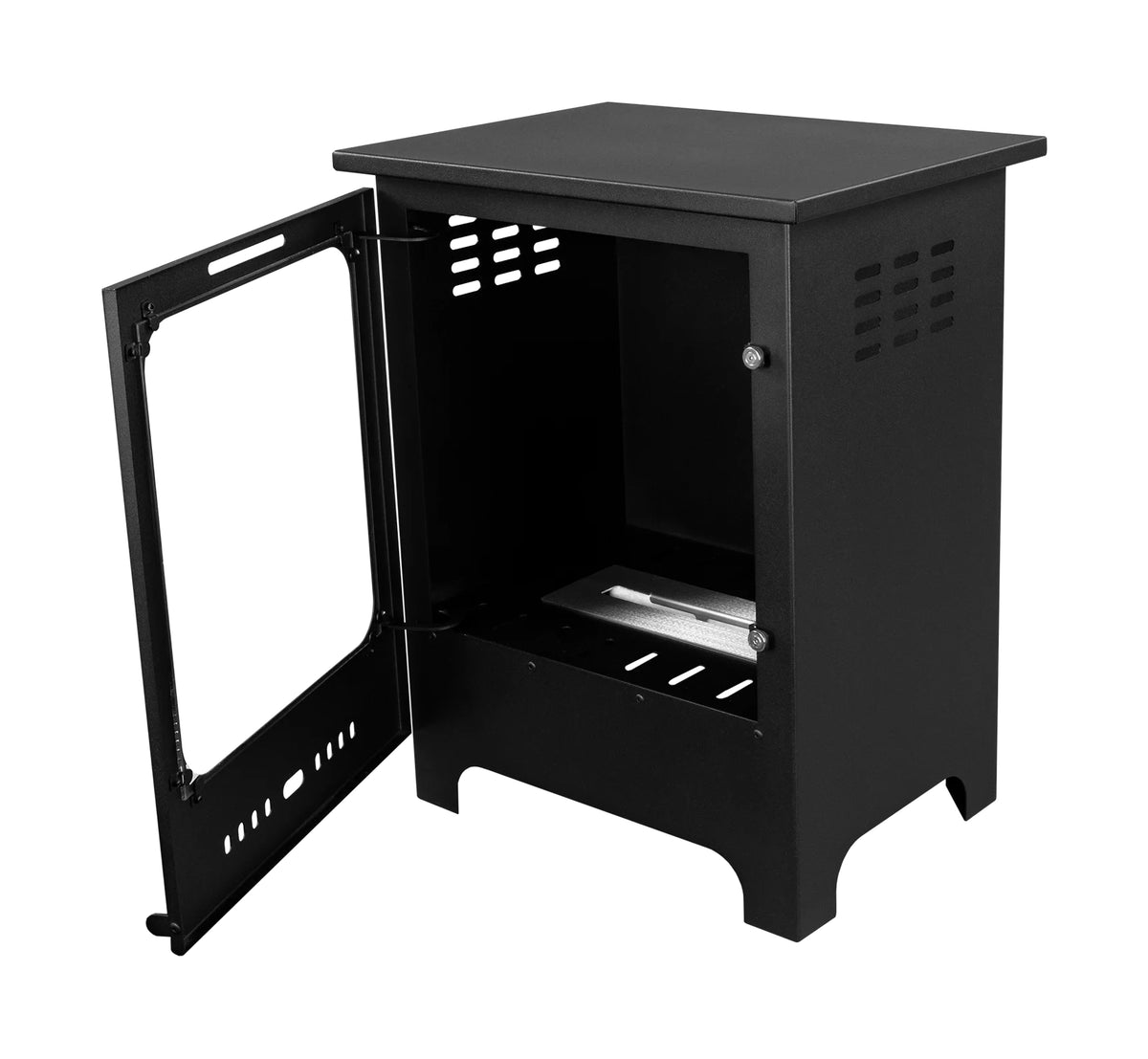 KOZA matt black bioethanol stove with its glass front open, showing the unlit burner inside