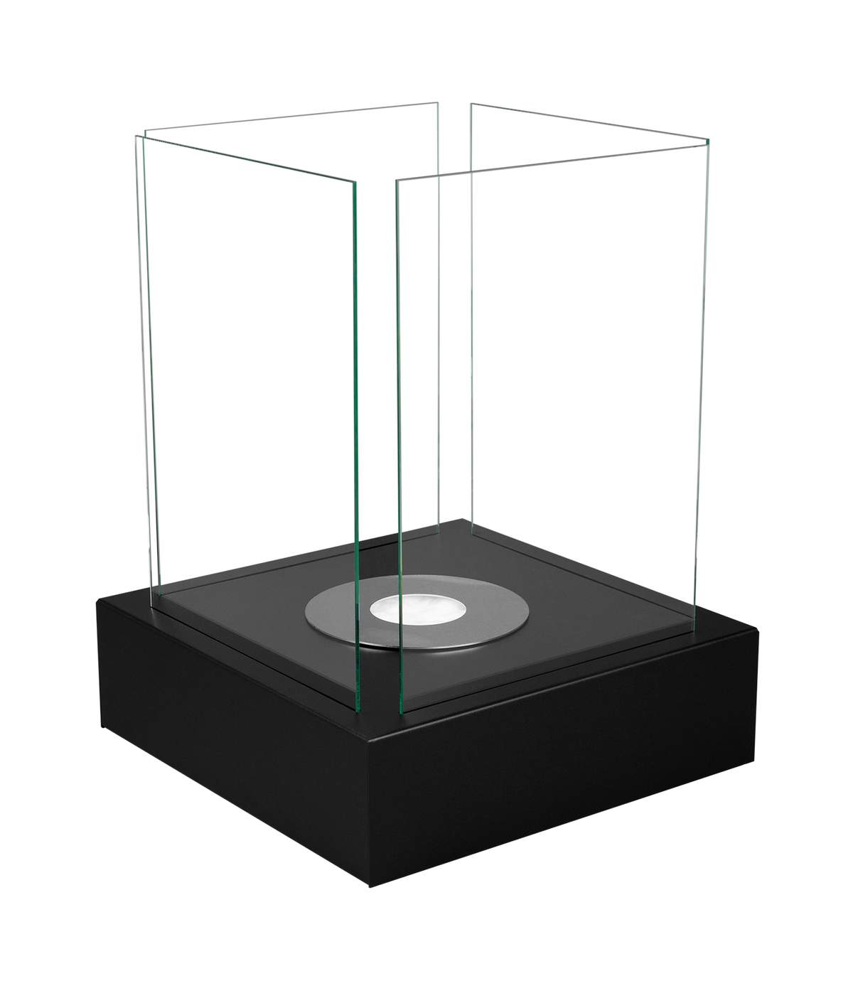 Elevated angled view of the MAX Sunset Garden black fireplace showing its square base and circular burner