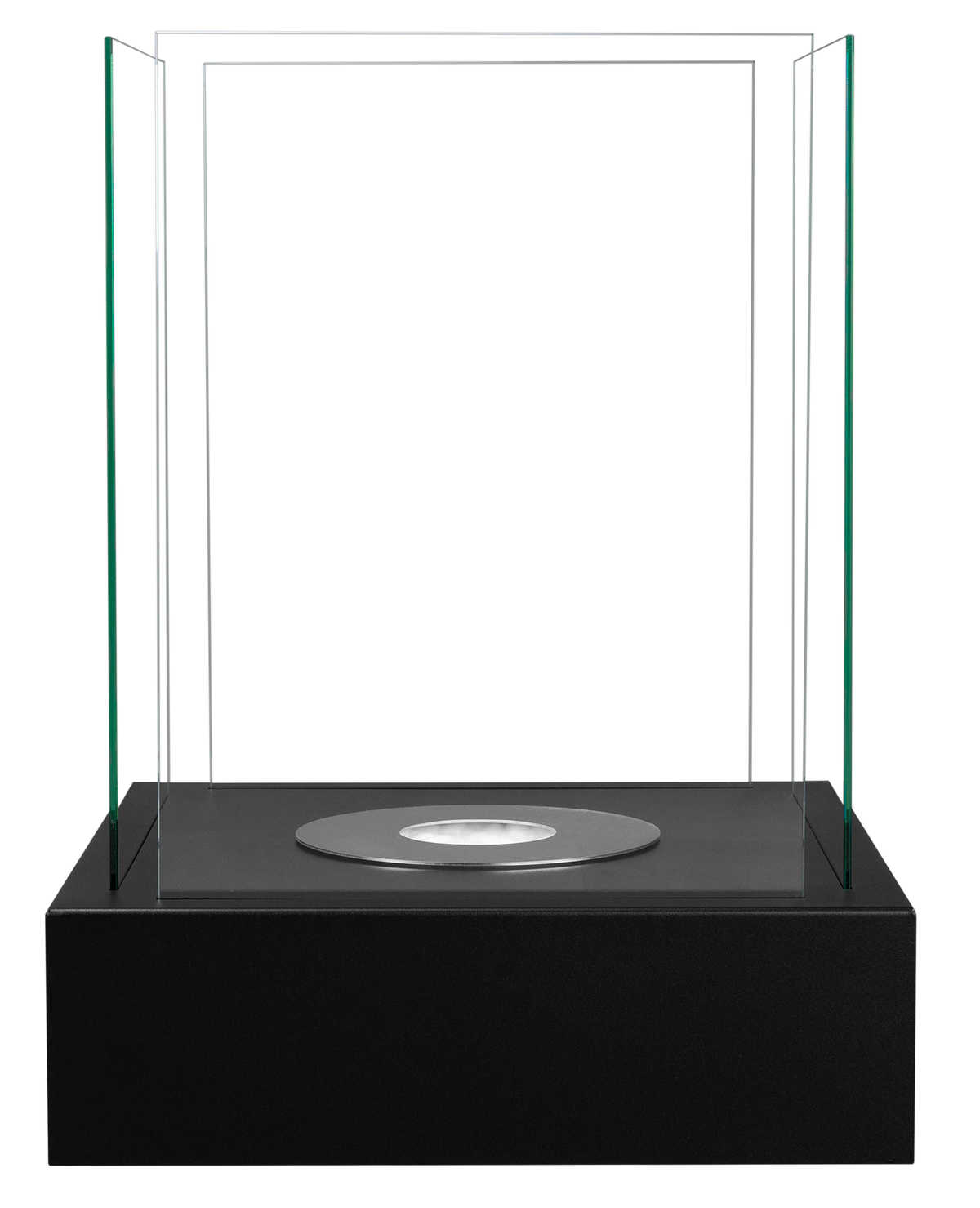Front view of the MAX Sunset Garden matt black fireplace with four glass panels and an unlit burner