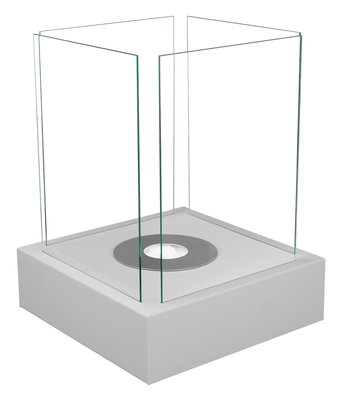 Angled view of the MAX Sunset Garden grey fireplace showing the square base and upright glass panels