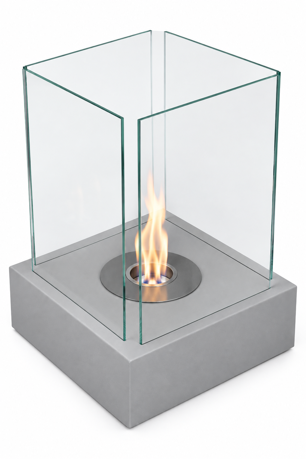 Elevated view of the MAX Sunset Garden grey fireplace showing the circular burner between four glass panels