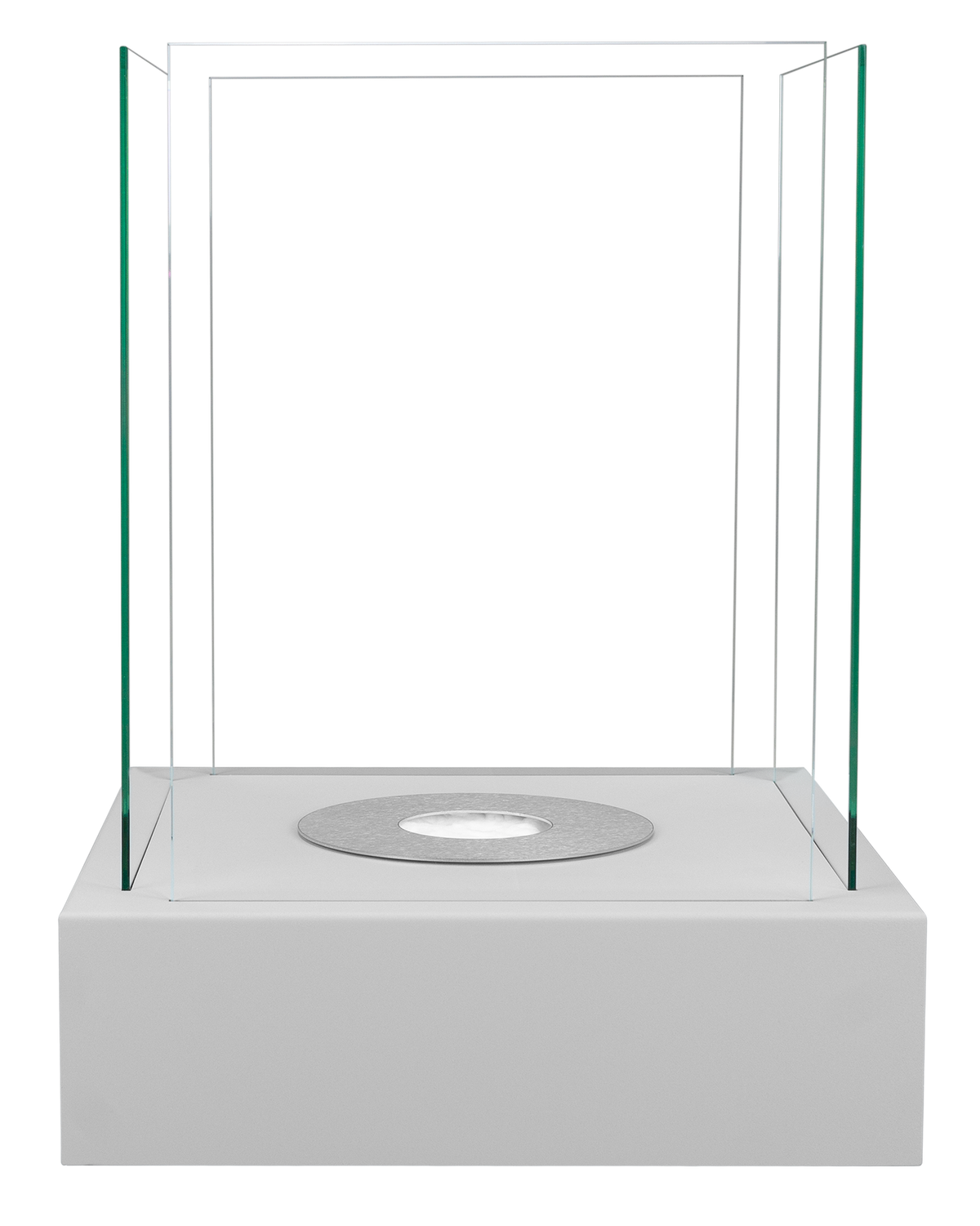 Front view of the MAX Sunset Garden matt grey fireplace with four glass panels and an unlit burner