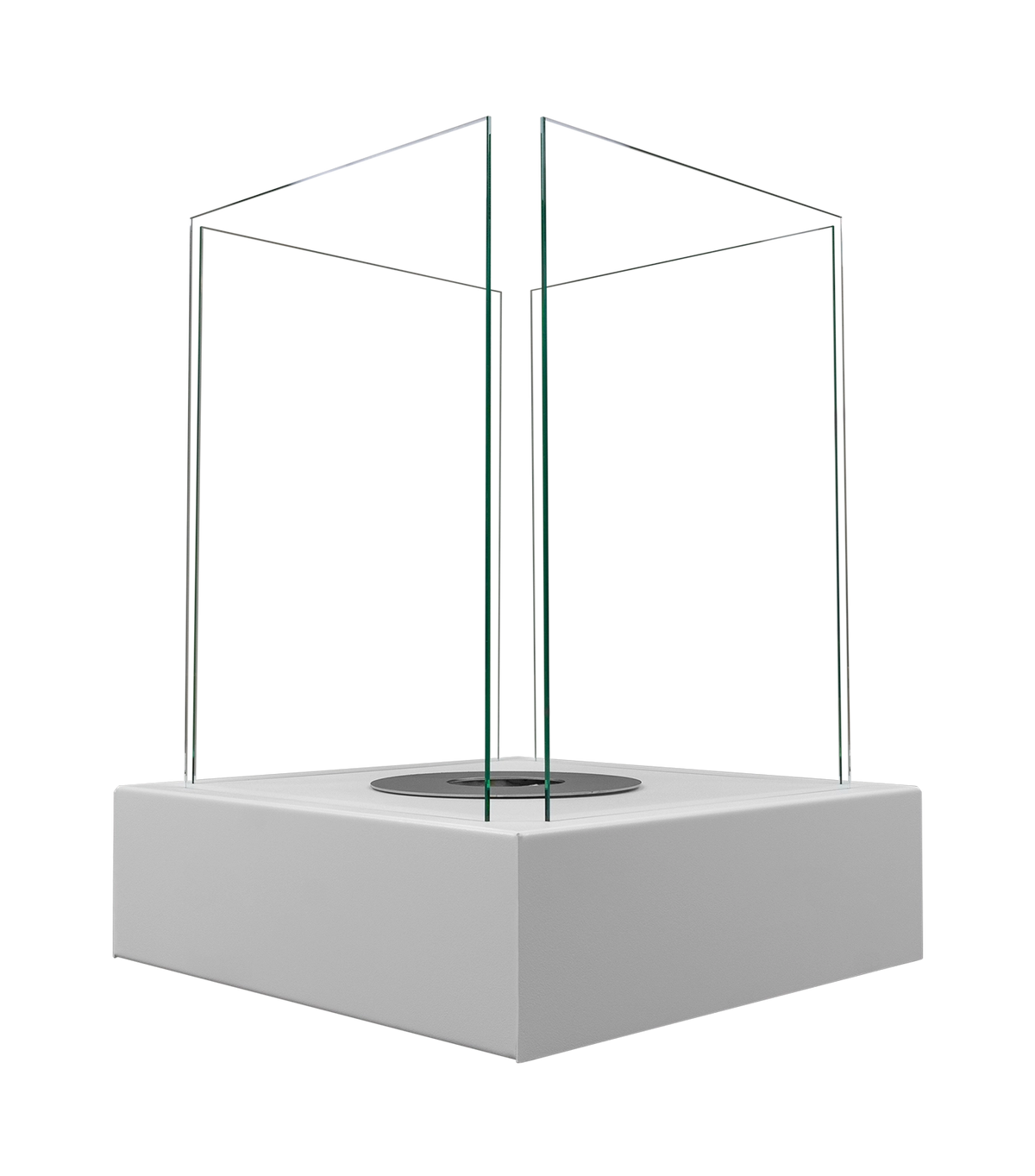 Low angled view of the MAX Sunset Garden white fireplace showing the square base and tall glass panels