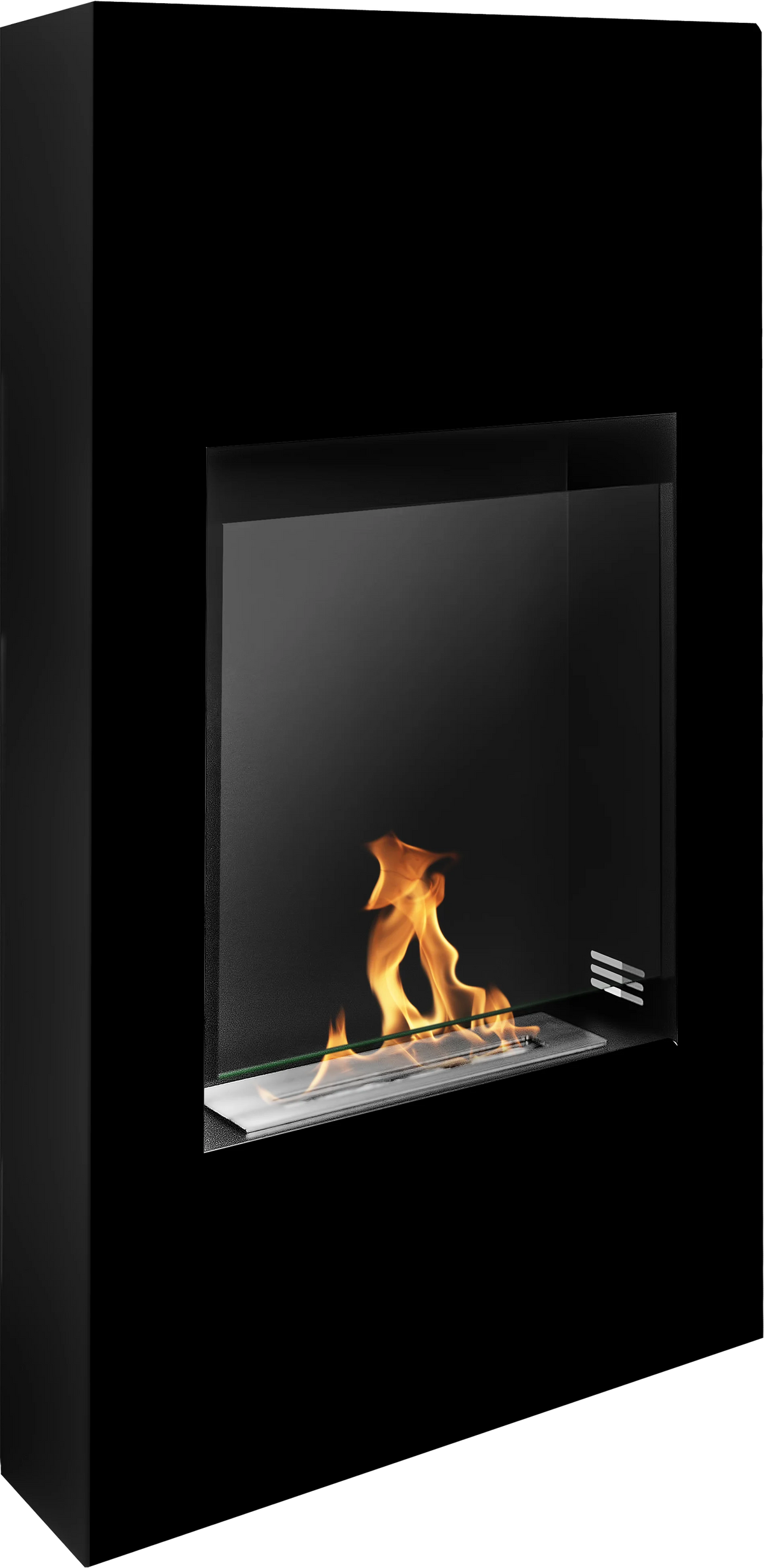 Angled product view of the lit MODERN black bioethanol fireplace showing its side panel and glass front.