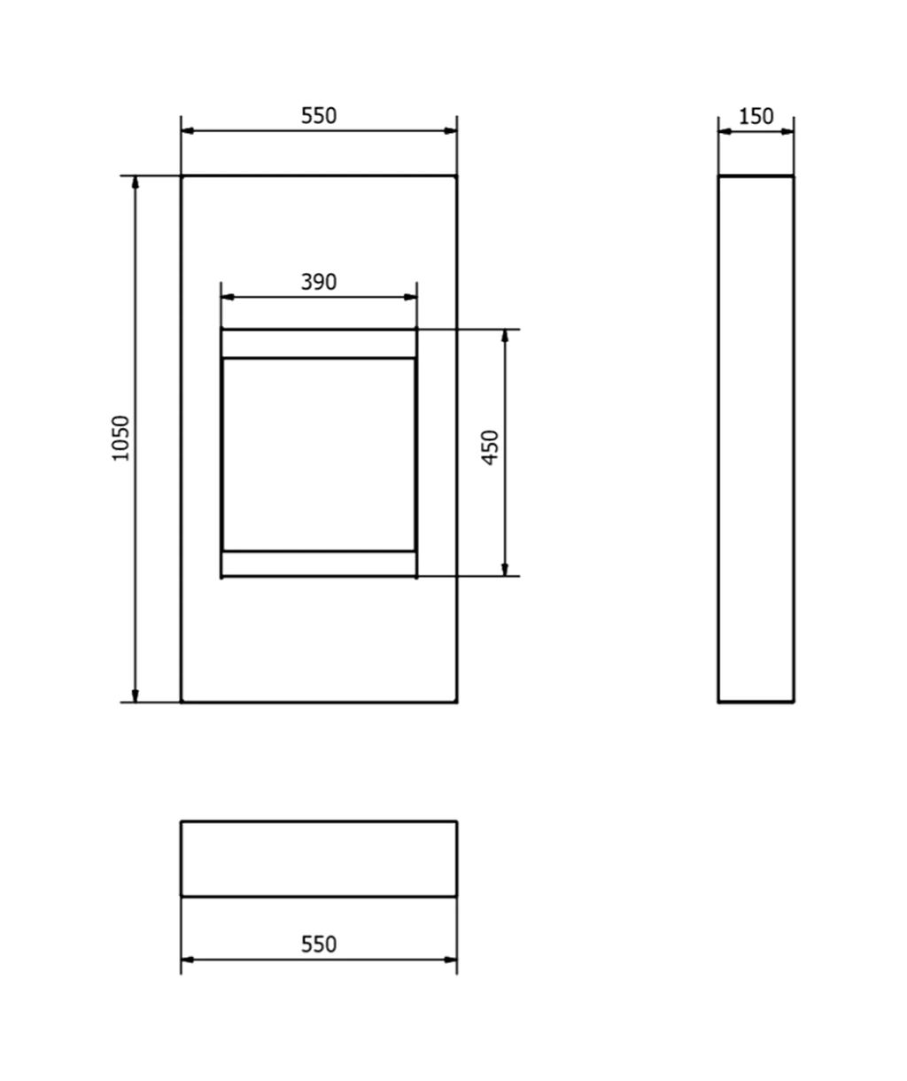 MODERN fireplace dimension drawing showing a width of 55 cm, depth of 15 cm and height of 105 cm.