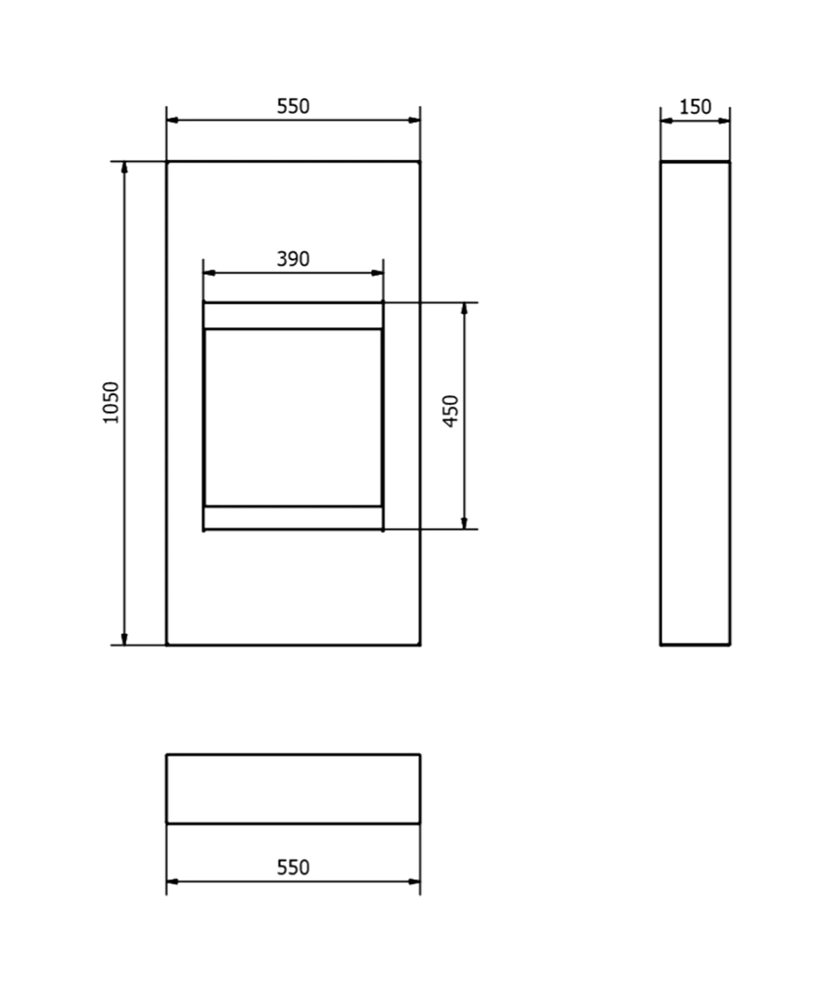 MODERN fireplace dimension drawing showing a width of 55 cm, depth of 15 cm and height of 105 cm.