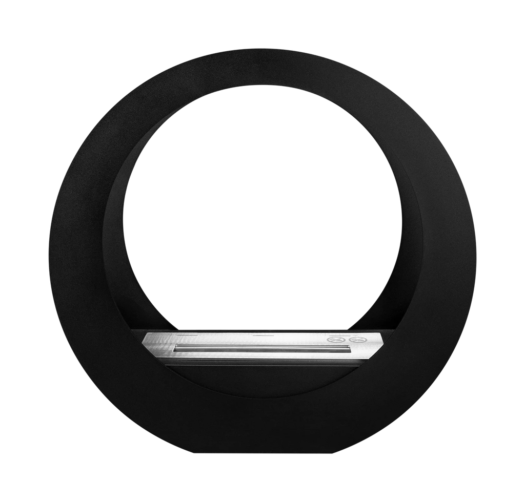 Straight-on front view of the ONLY matt black circular bioethanol fireplace with an unlit stainless steel burner