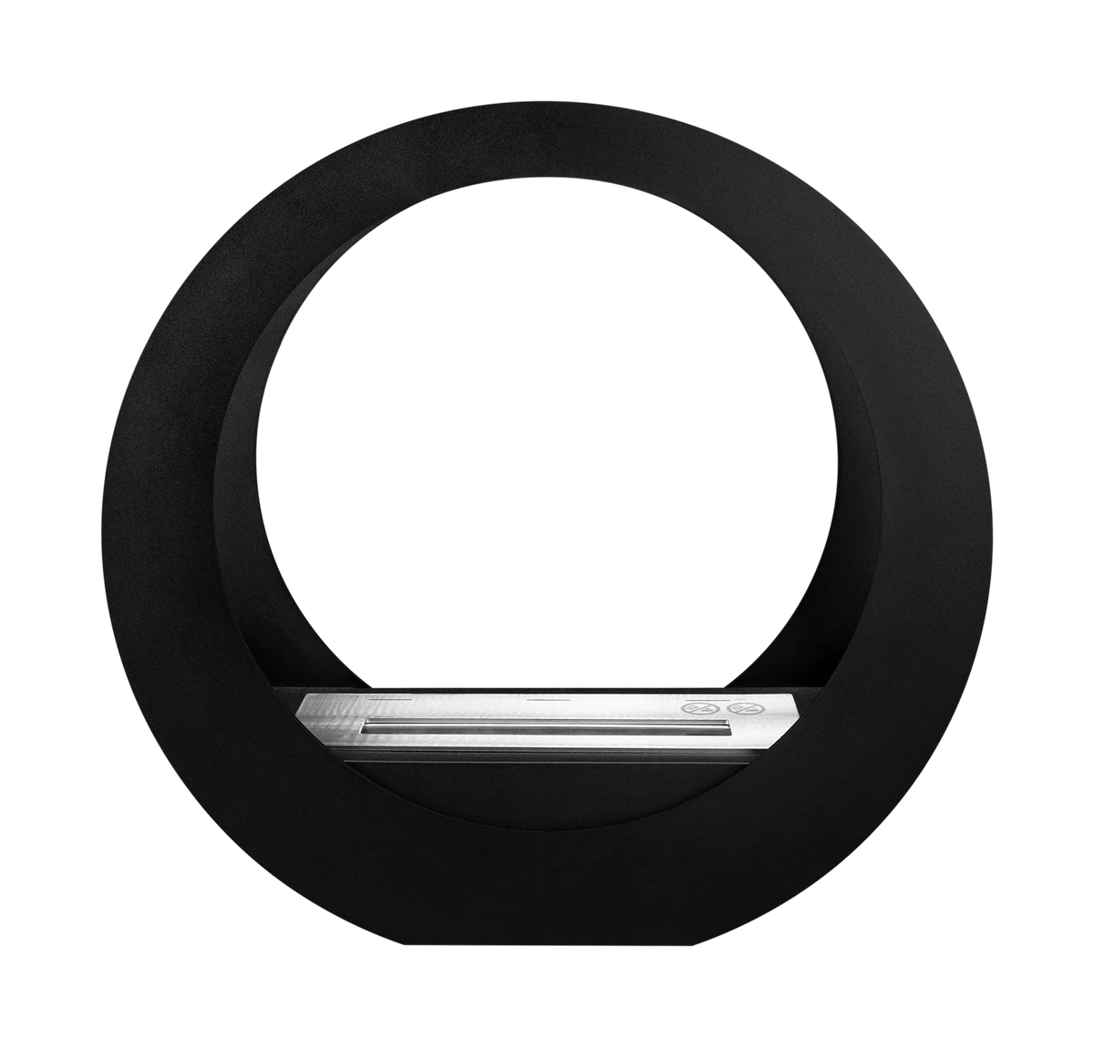 Straight-on front view of the ONLY matt black circular bioethanol fireplace with an unlit stainless steel burner