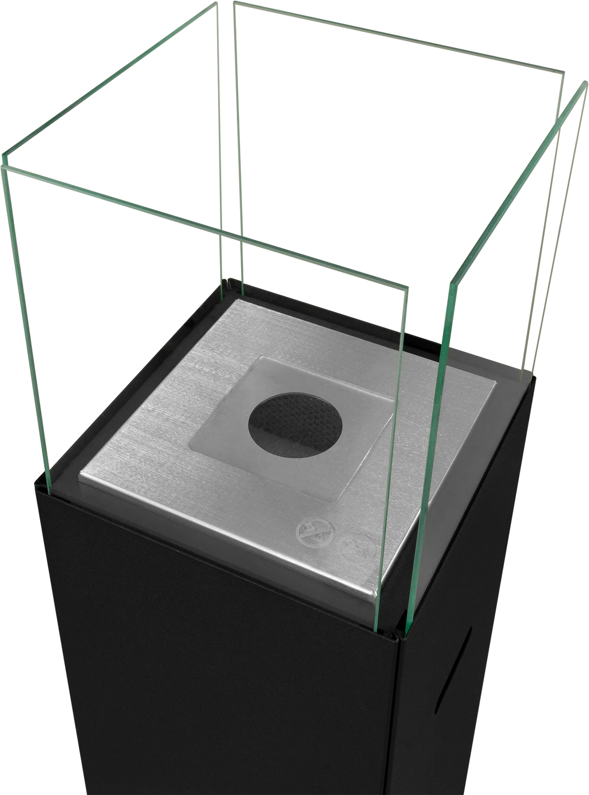 Close-up from above of the PATIO stainless steel burner and four glass panels, with the upper frame removed