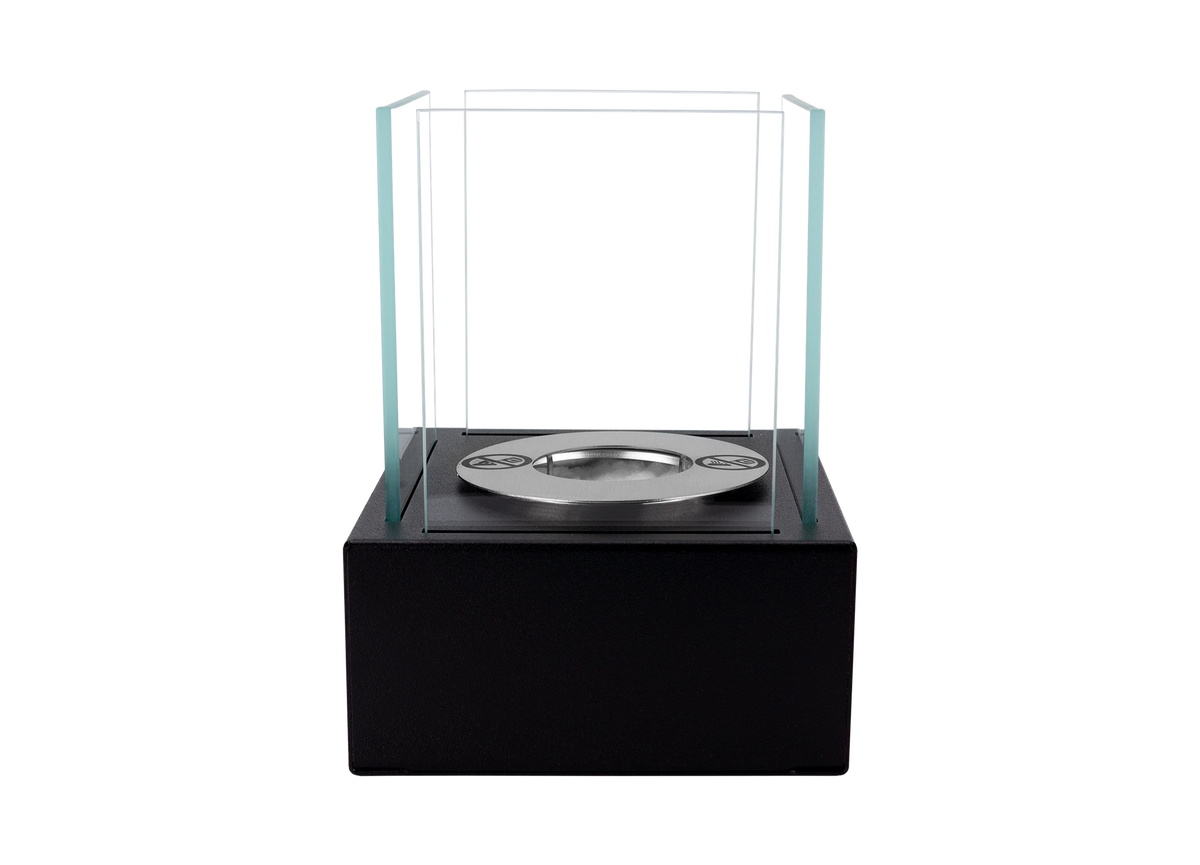 Straight-on view of the SMART black tabletop bioethanol fireplace with an unlit burner