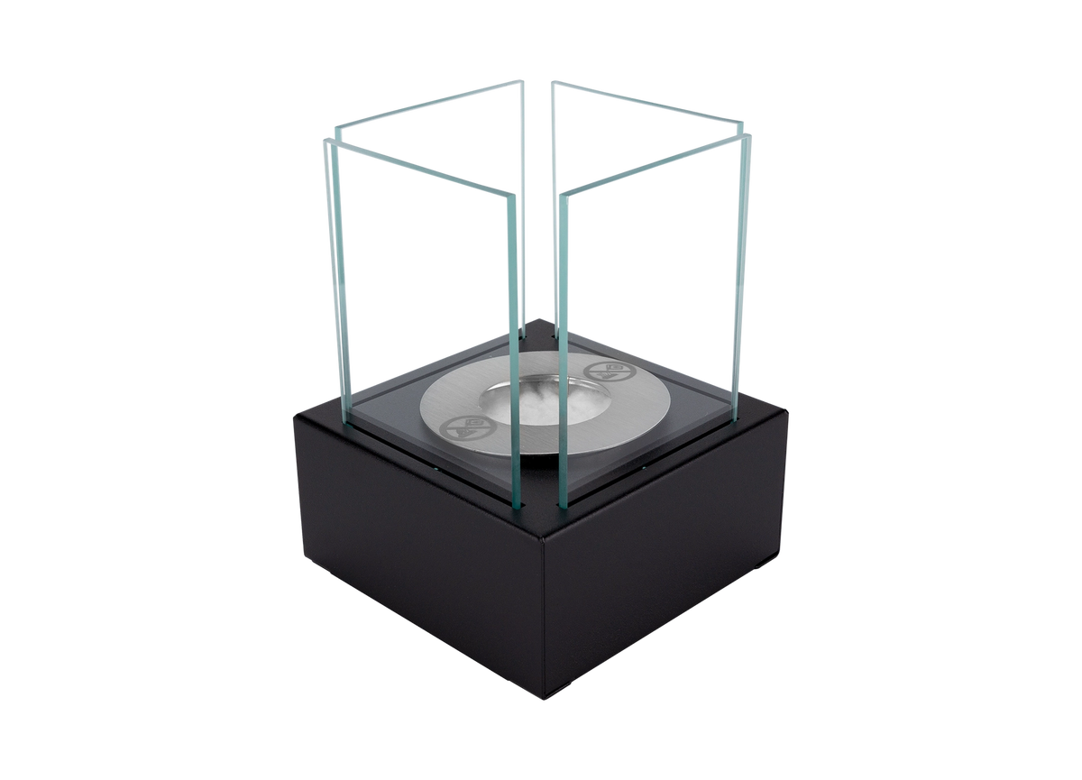 Angled view from above of the SMART black tabletop bioethanol fireplace and stainless steel burner