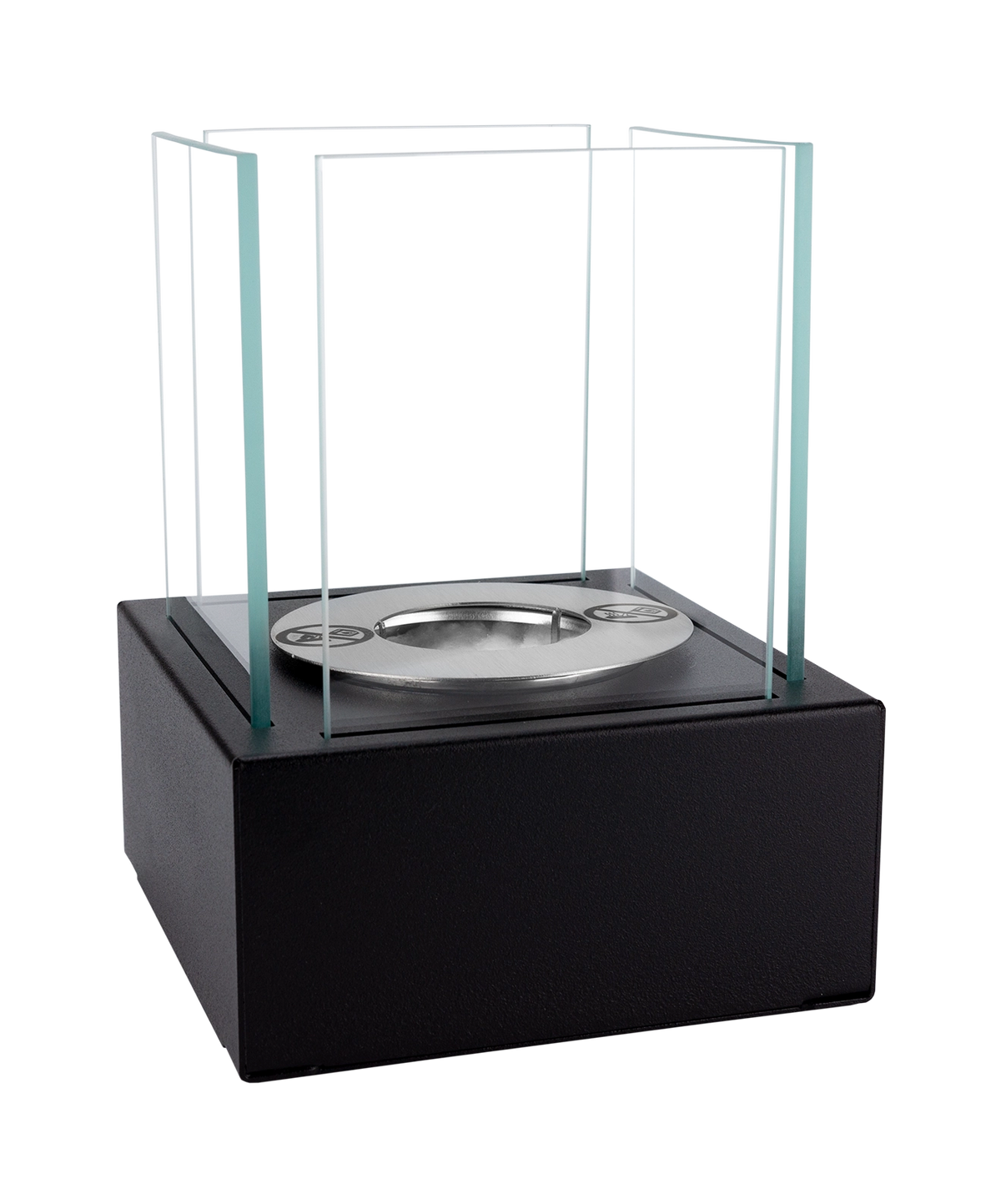 Close-up angled view of the SMART black tabletop bioethanol fireplace with its textured matt base and glass panels