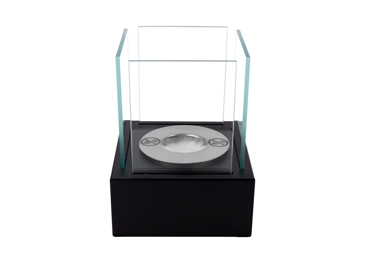 Elevated front view of the SMART black tabletop bioethanol fireplace showing the burner