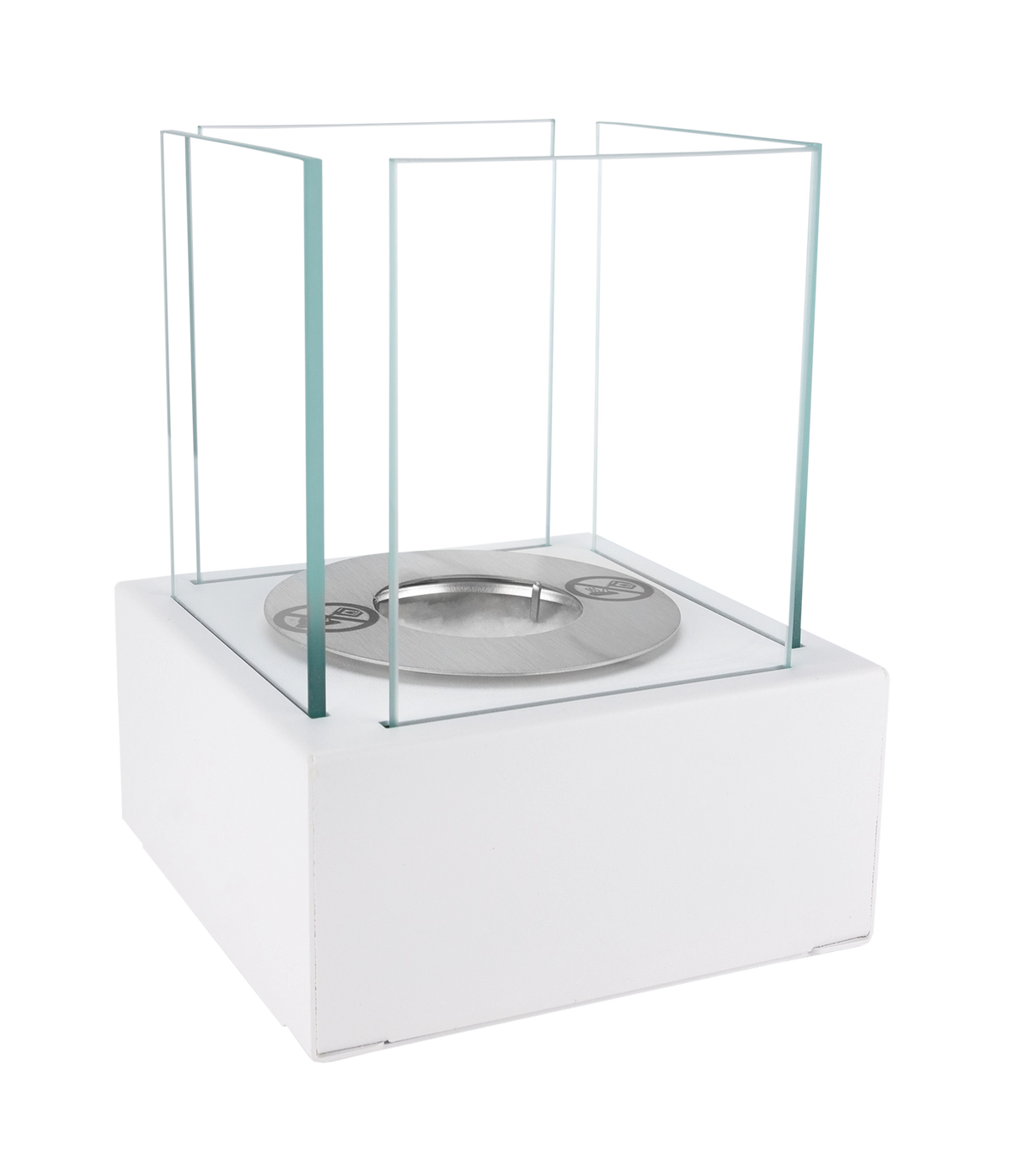 SMART white tabletop bioethanol fireplace, surrounded by four clear glass panels