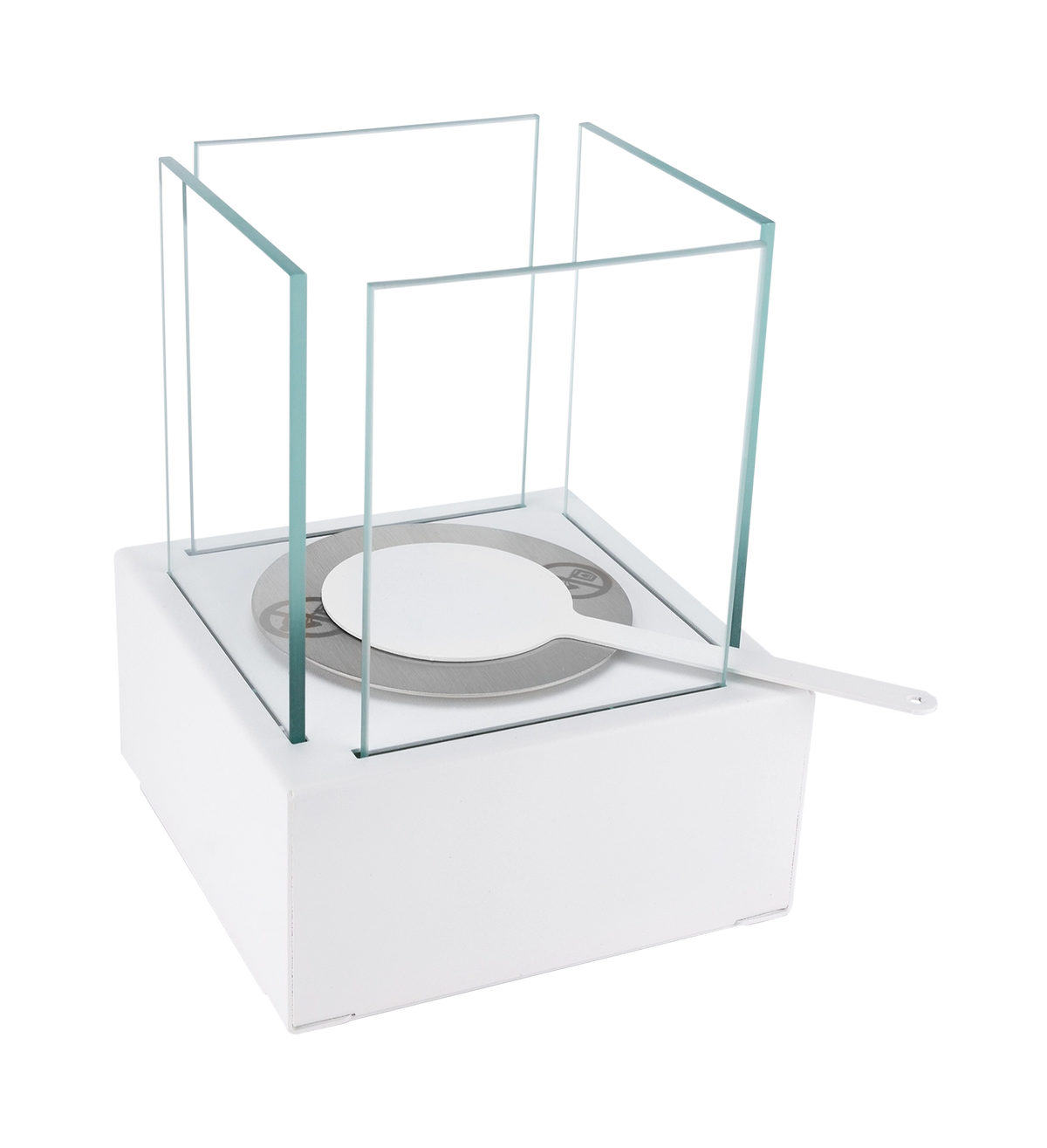 SMART white tabletop bioethanol fireplace with the flame snuffer positioned over the burner