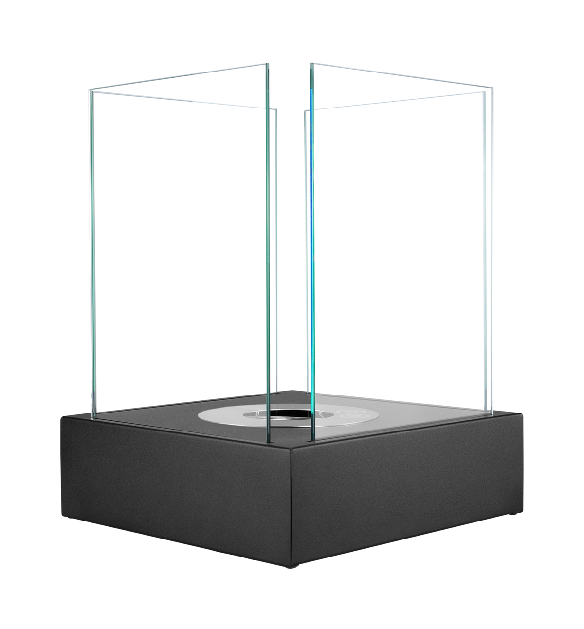 Angled view of the Sunset Garden Mini matt black fireplace with four clear glass panels