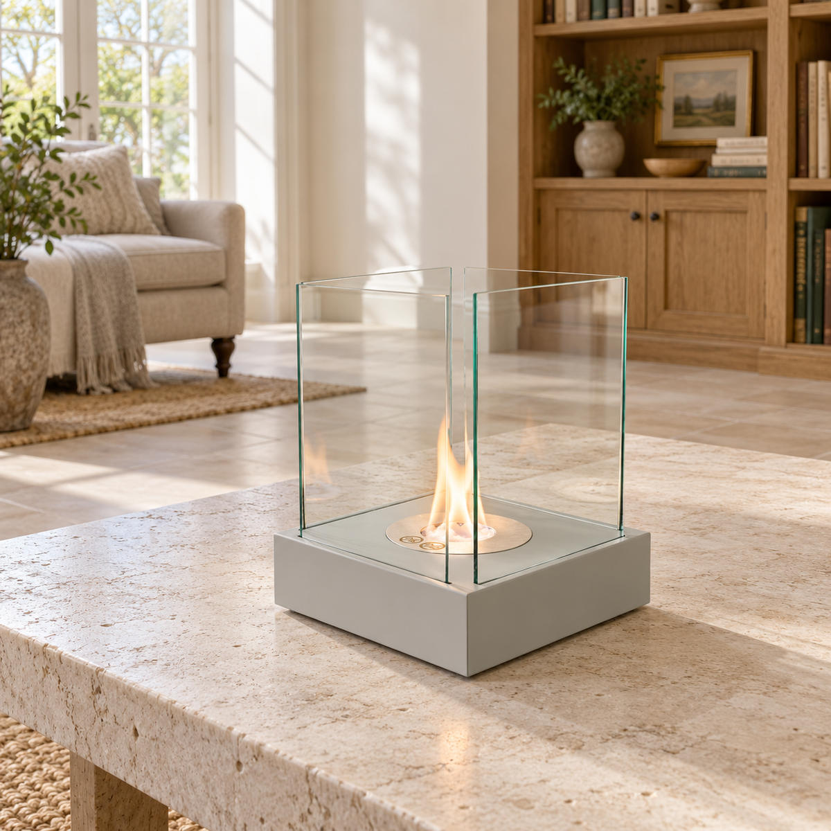 Grey Sunset Garden Mini tabletop bioethanol fireplace in a bright living room